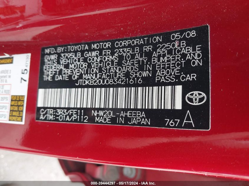 2008 Toyota Prius VIN: JTDKB20U083421616 Lot: 39444297