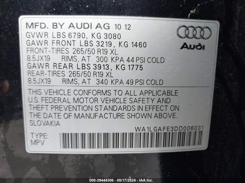 2013 Audi Q7 3.0T Premium VIN: WA1LGAFE3DD006031 Lot: 39444306