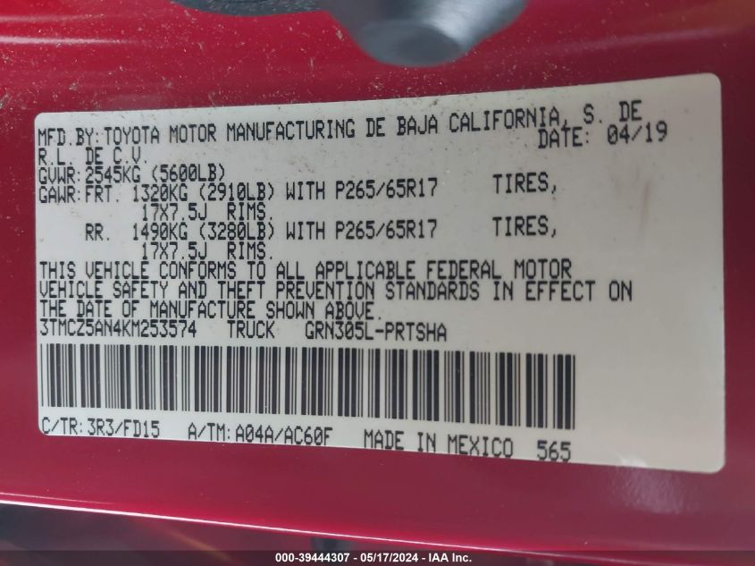 2019 Toyota Tacoma Trd Sport VIN: 3TMCZ5AN4KM253574 Lot: 39444307