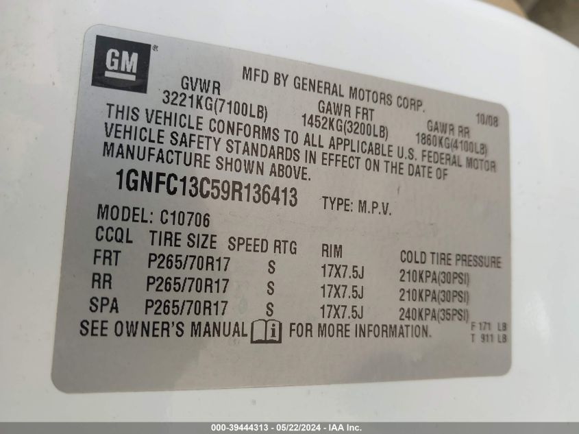 2009 Chevrolet Tahoe Ls VIN: 1GNFC13C59R136413 Lot: 39444313