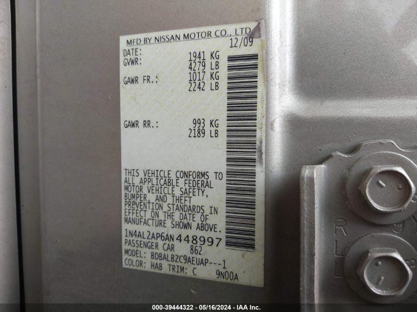 2010 Nissan Altima 2.5 S VIN: 1N4AL2AP6AN448997 Lot: 39444322