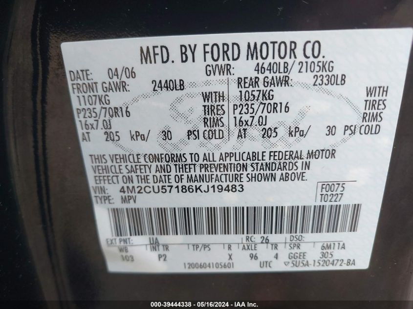 2006 Mercury Mariner VIN: 4MTCU57186KJ19483 Lot: 39444338