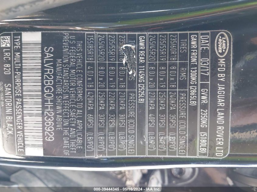 2017 Land Rover Range Rover Evoque Hse VIN: SALVR2BG0HH236929 Lot: 39444345