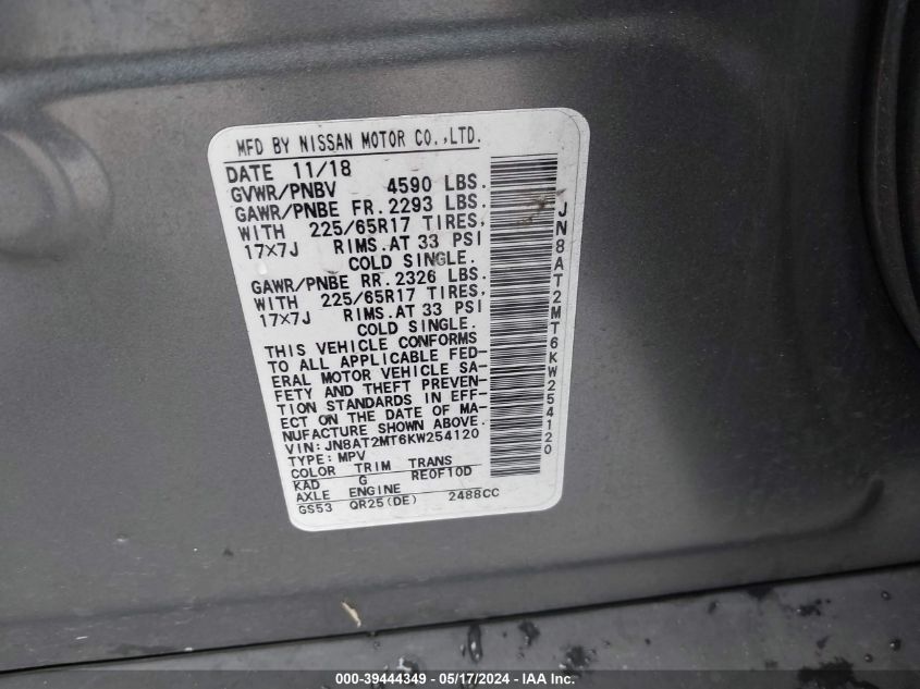 2019 Nissan Rogue S VIN: JN8AT2MT6KW254120 Lot: 39444349