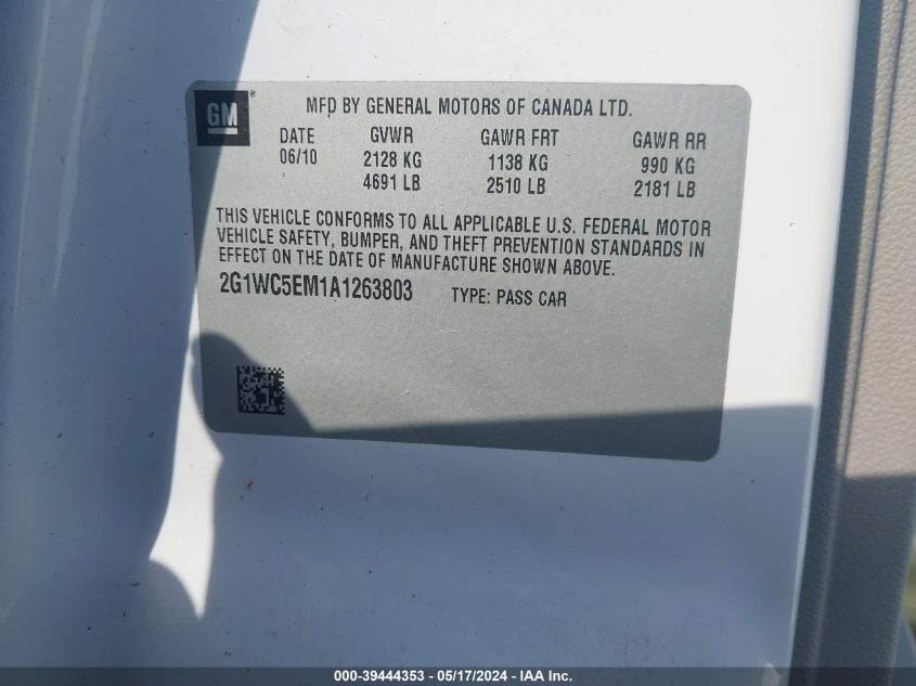 2010 Chevrolet Impala Ltz VIN: 2G1WC5EM1A1263803 Lot: 39444353