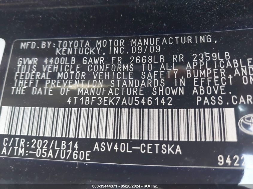 2010 Toyota Camry Se VIN: 4T1BF3EK7AU546142 Lot: 39444371