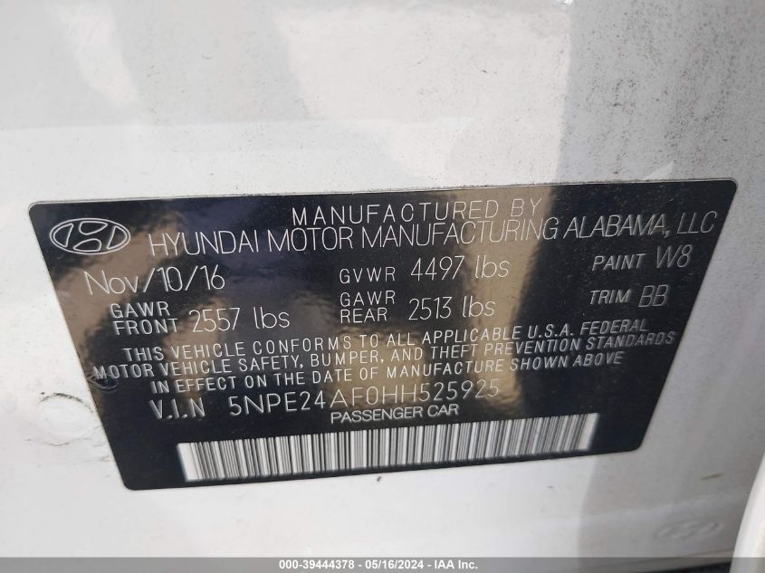 2017 Hyundai Sonata Se VIN: 5NPE24AF0HH525925 Lot: 39444378