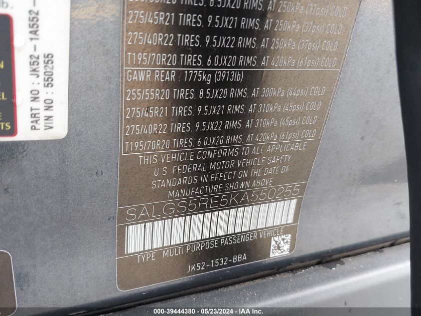 2019 Land Rover Range Rover 5.0L V8 Supercharged VIN: SALGS5RE5KA550255 Lot: 39444380