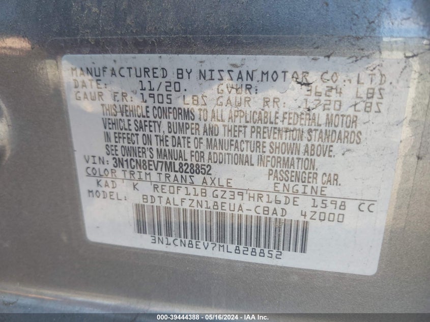 2021 Nissan Versa Sv Xtronic Cvt VIN: 3N1CN8EV7ML828852 Lot: 39444388