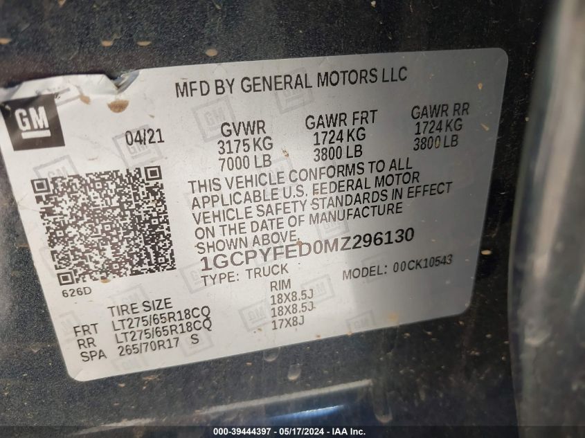 2021 Chevrolet Silverado 1500 4Wd Short Bed Lt Trail Boss VIN: 1GCPYFED0MZ296130 Lot: 39444397