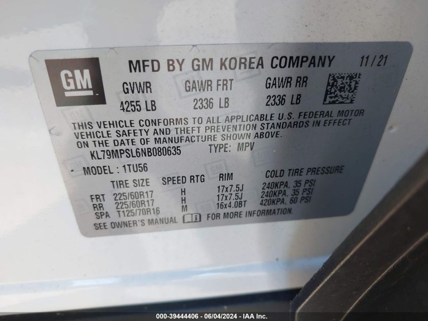 2022 Chevrolet Trailblazer Fwd Lt VIN: KL79MPSL6NB080635 Lot: 39444406