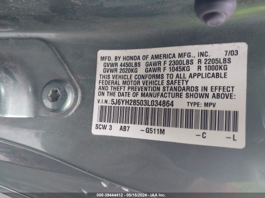 2003 Honda Element Ex VIN: 5J6YH28503L034864 Lot: 39444412