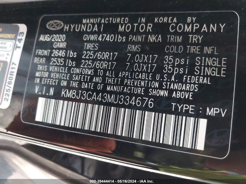 2021 Hyundai Tucson Value VIN: KM8J3CA43MU334676 Lot: 39444414