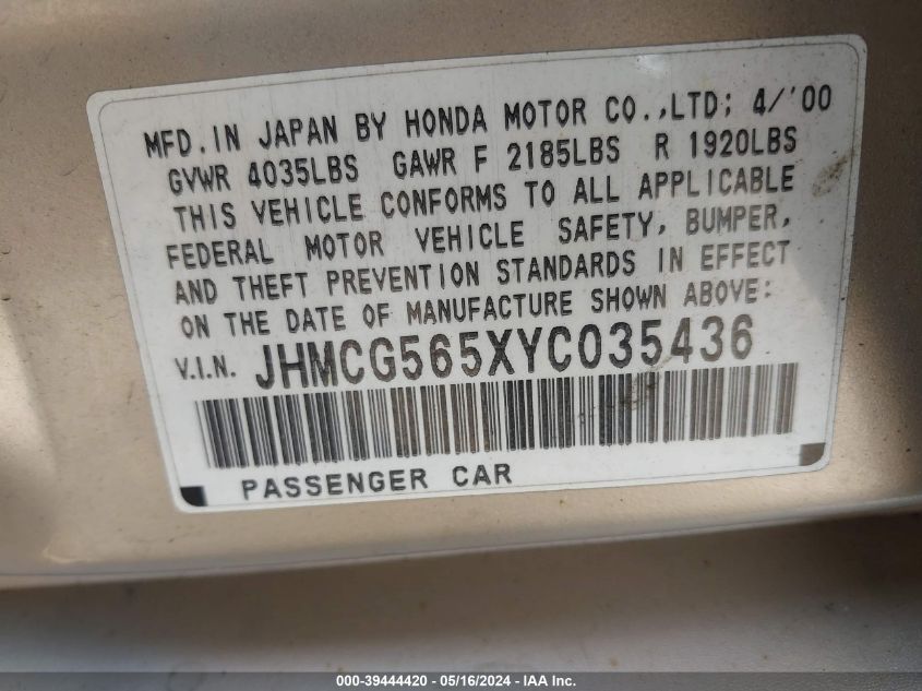 2000 Honda Accord 2.3 Ex VIN: JHMCG565XYC035436 Lot: 39444420