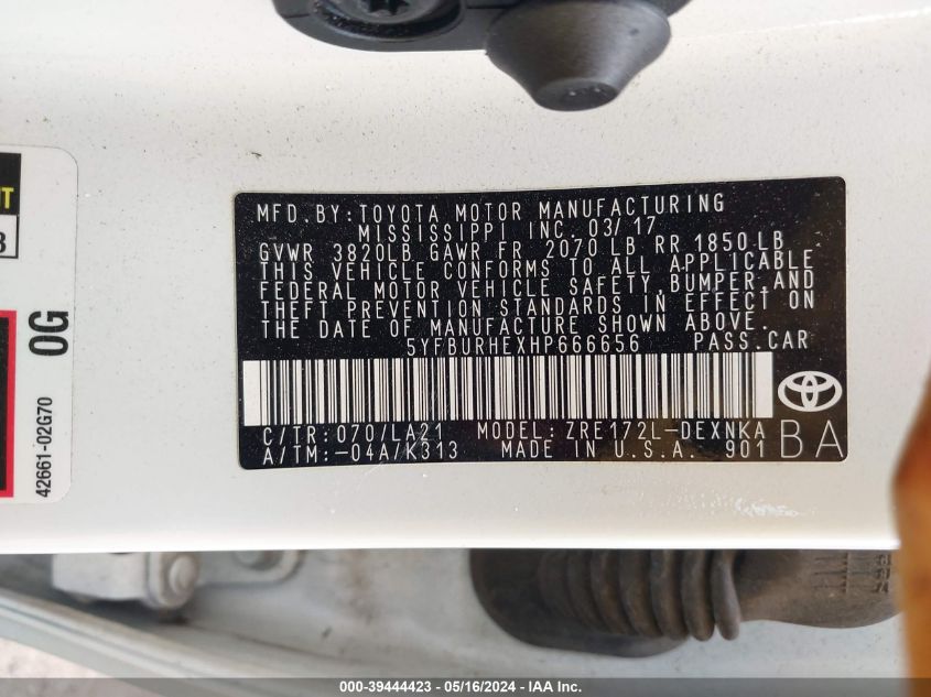 2017 Toyota Corolla Xle VIN: 5YFBURHEXHP666656 Lot: 39444423