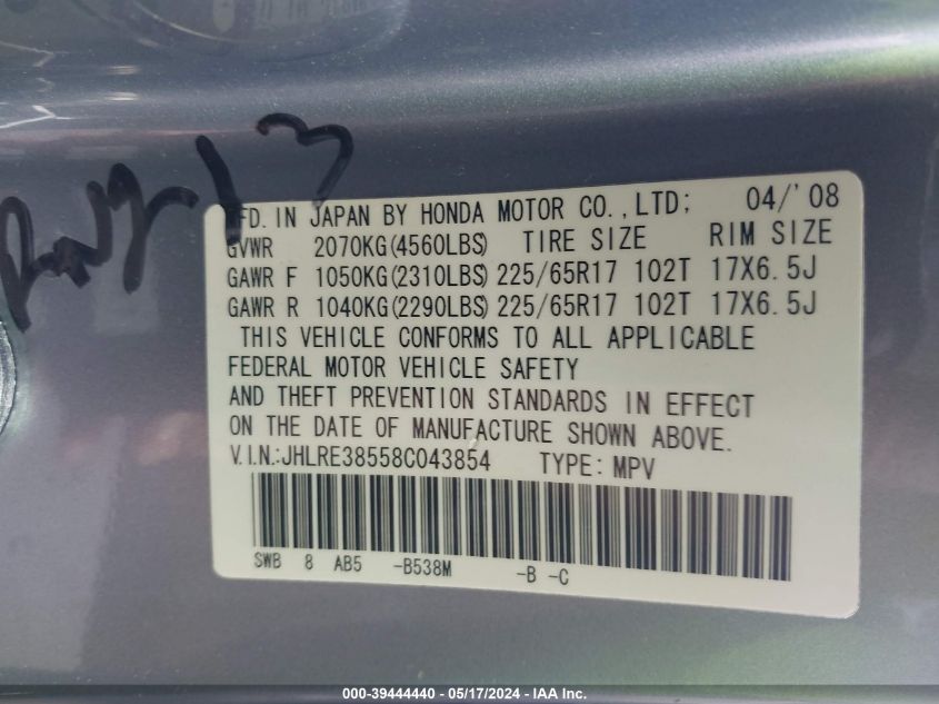 2008 Honda Cr-V Ex VIN: JHLRE38558C043854 Lot: 39444440