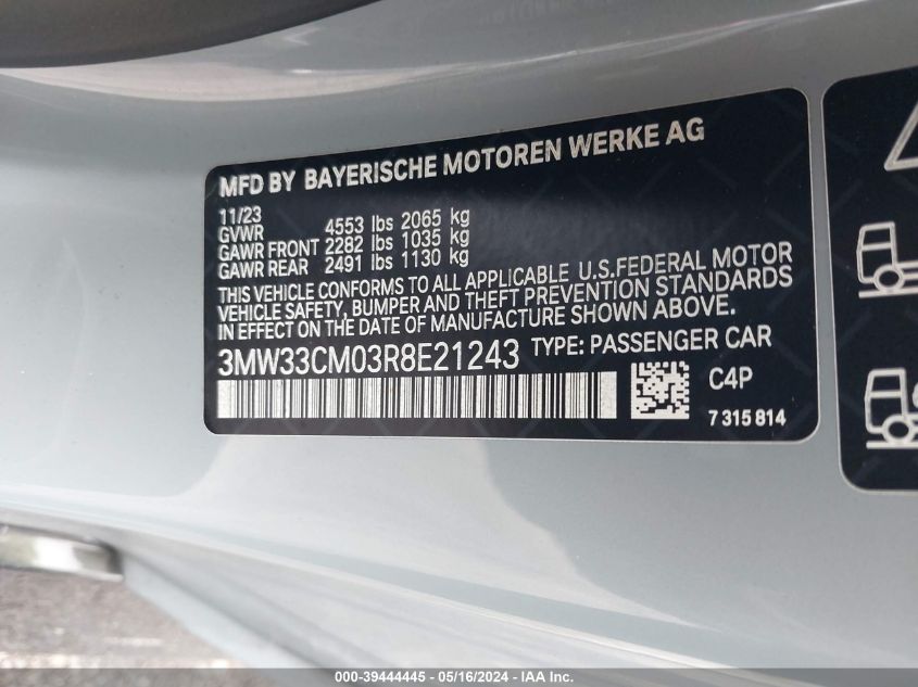 2024 BMW 230 I xDrive VIN: 3MW33CM03R8E21243 Lot: 39444445