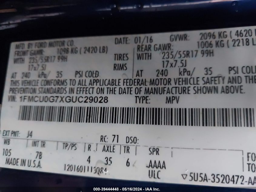 2016 Ford Escape Se VIN: 1FMCU0G7XGUC29028 Lot: 39444448