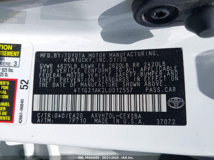 2020 Toyota Camry Se Hybrid VIN: 4T1G31AK2LU012557 Lot: 39444455