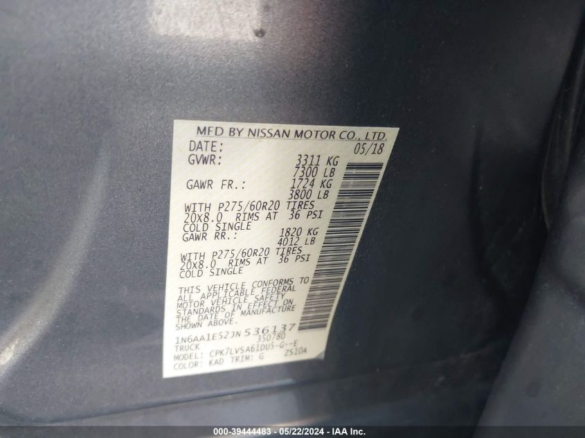 2018 Nissan Titan Sl VIN: 1N6AA1E52JN536137 Lot: 39444483