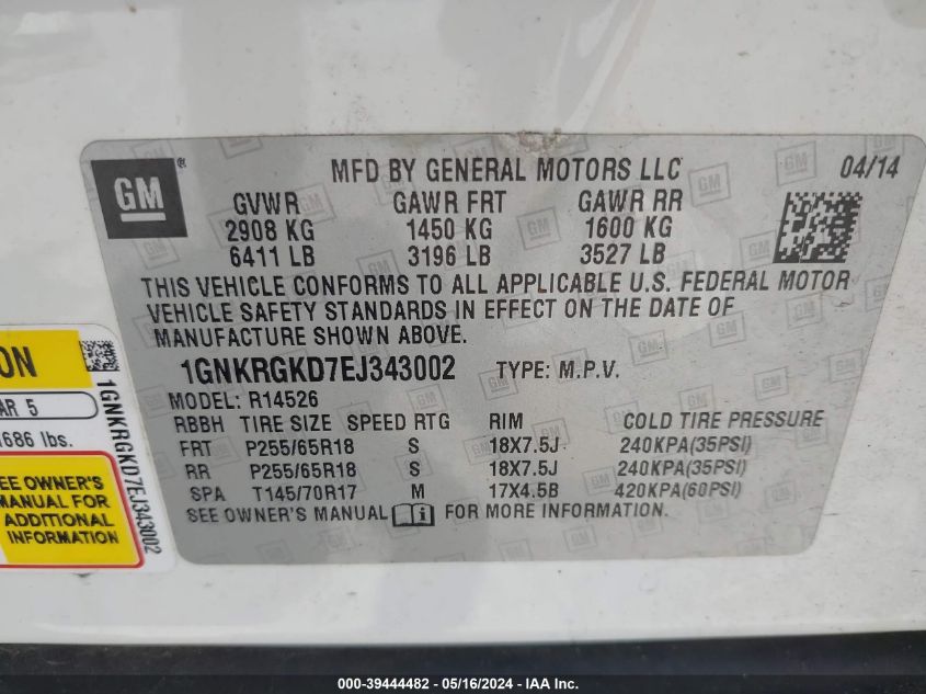 2014 Chevrolet Traverse 1Lt VIN: 1GNKRGKD7EJ343002 Lot: 39444482