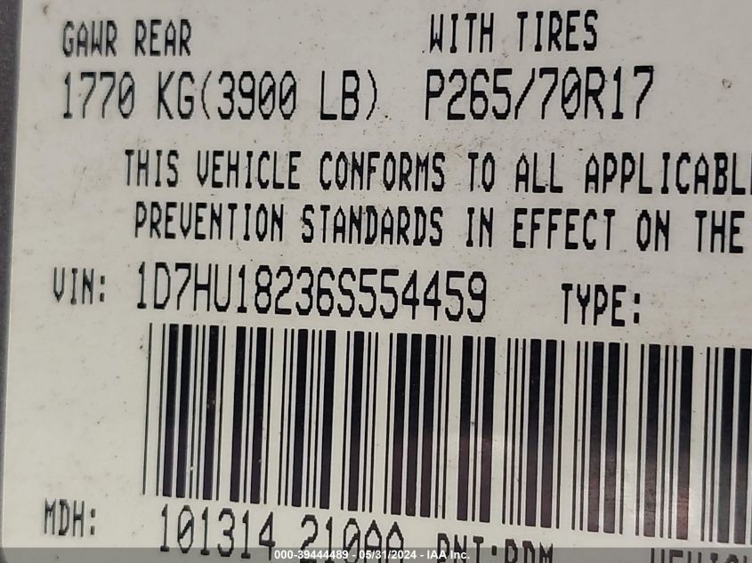 2006 Dodge Ram 1500 Slt/Trx4 Off Road/Sport VIN: 1D7HU18236S554459 Lot: 39444489