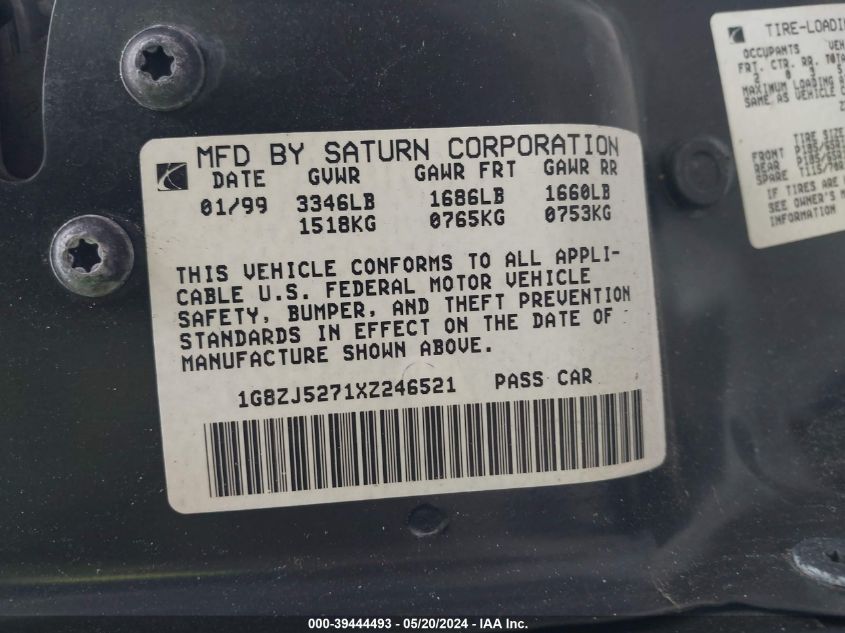 1999 Saturn Sl2 VIN: 1G8ZJ5271XZ246521 Lot: 39444493
