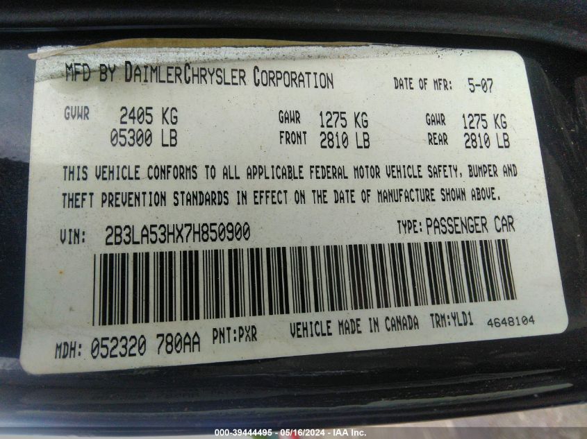 2007 Dodge Charger Rt VIN: 2B3LA53HX7H850900 Lot: 39444495