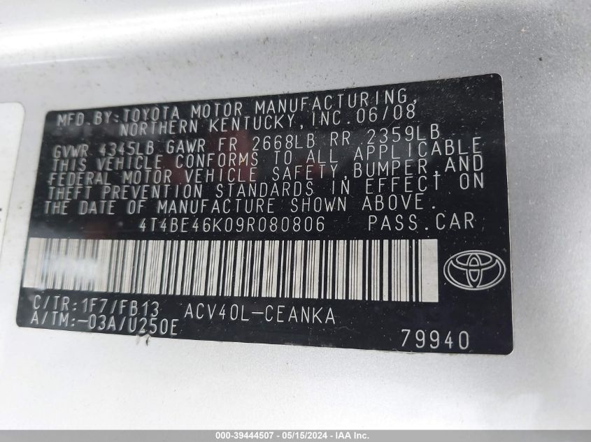 2009 Toyota Camry Le VIN: 4T4BE46K09R080806 Lot: 39444507