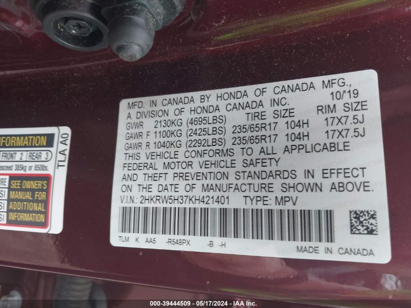 2019 Honda Cr-V Lx VIN: 2HKRW5H37KH421401 Lot: 39444509