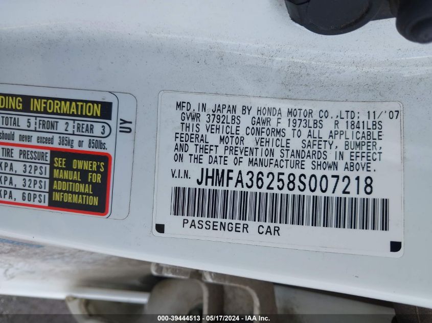 2008 Honda Civic Hybrid VIN: JHMFA36258S007218 Lot: 39444513