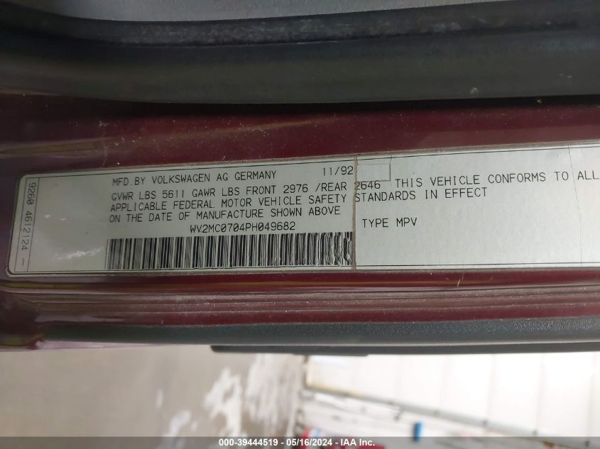 1993 Volkswagen Eurovan Mv VIN: WV2MC0704PH049682 Lot: 39444519