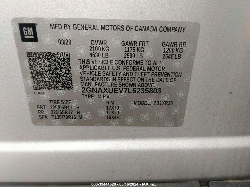 2020 Chevrolet Equinox Awd Lt 1.5L Turbo VIN: 2GNAXUEV7L6235803 Lot: 39444520