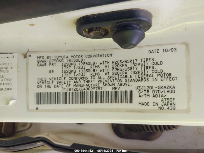 2004 Lexus Gx 470 VIN: JTJBT20X640029787 Lot: 39444521