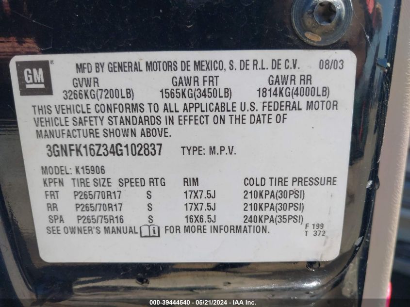 2004 Chevrolet Suburban 1500 Z71 VIN: 3GNFK16Z34G102837 Lot: 39444540
