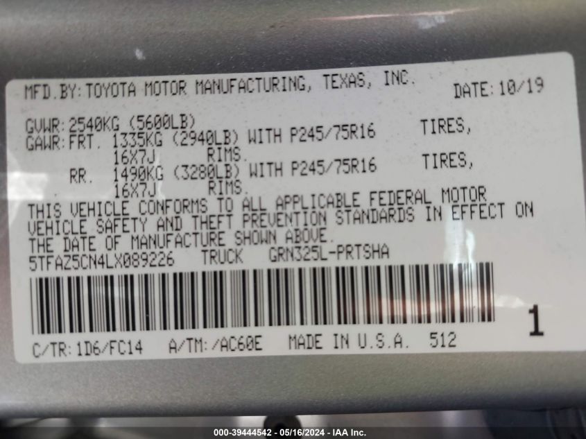 2020 TOYOTA TACOMA SR5 V6 - 5TFAZ5CN4LX089226