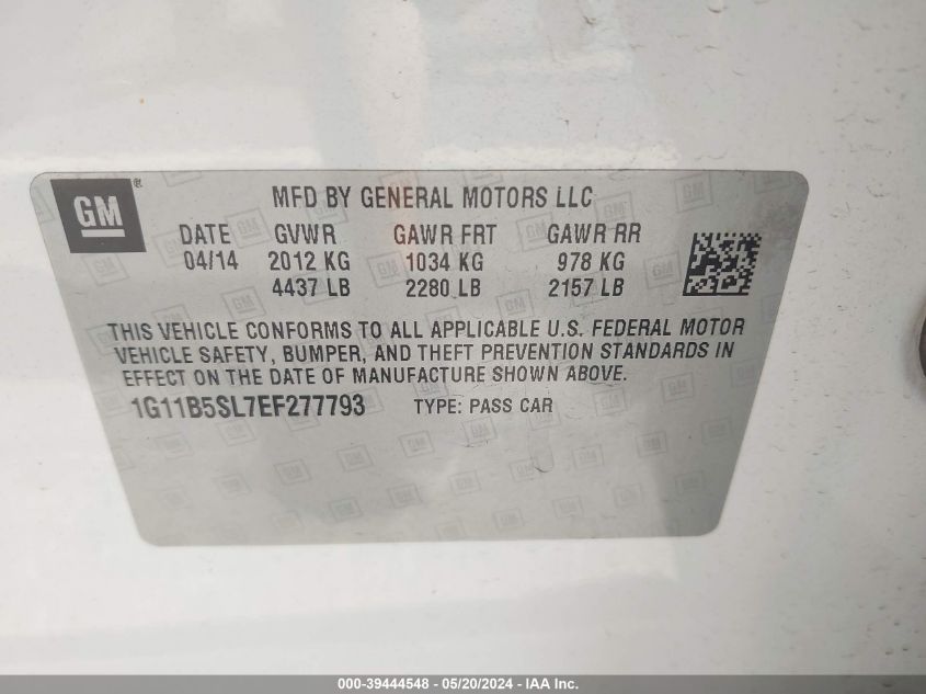 2014 Chevrolet Malibu 1Ls VIN: 1G11B5SL7EF277793 Lot: 39444548