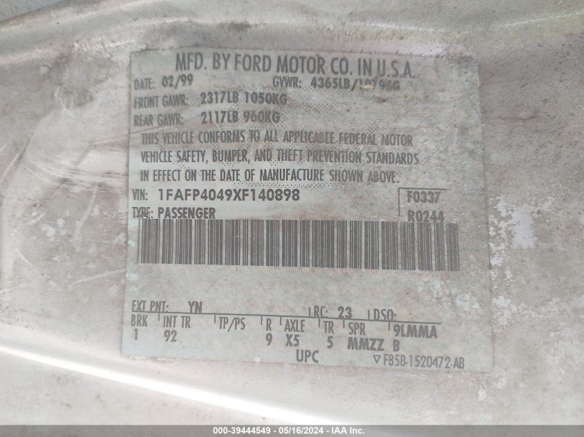 1999 Ford Mustang VIN: 1FAFP4049XF140898 Lot: 39444549