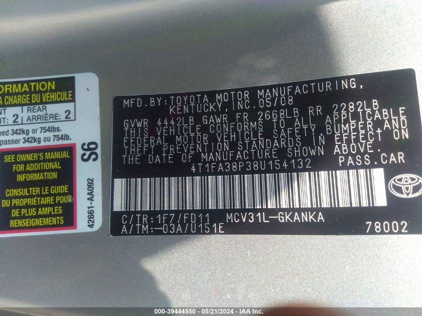 2008 Toyota Camry Solara Sport VIN: 4T1FA38P38U154132 Lot: 39444550