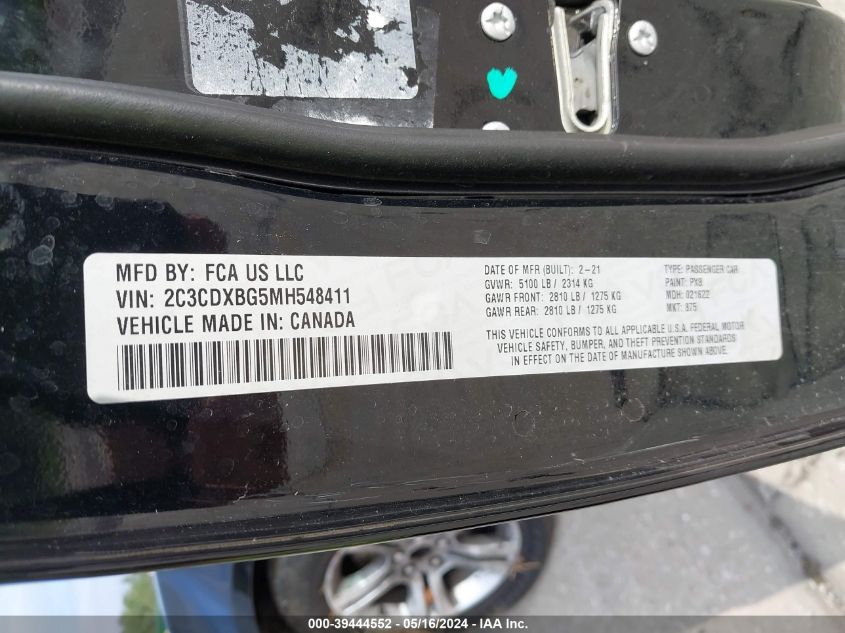 2021 Dodge Charger Sxt Rwd VIN: 2C3CDXBG5MH548411 Lot: 39444552