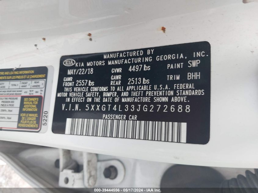 2018 Kia Optima Lx VIN: 5XXGT4L33JG272688 Lot: 39444556