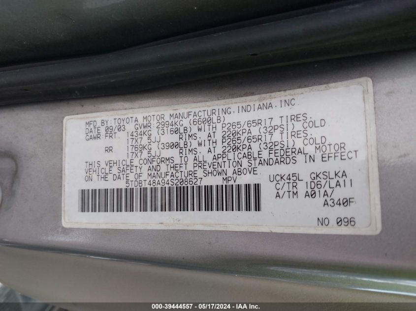 2004 Toyota Sequoia Limited V8 VIN: 5TDBT48A94S208627 Lot: 39444557