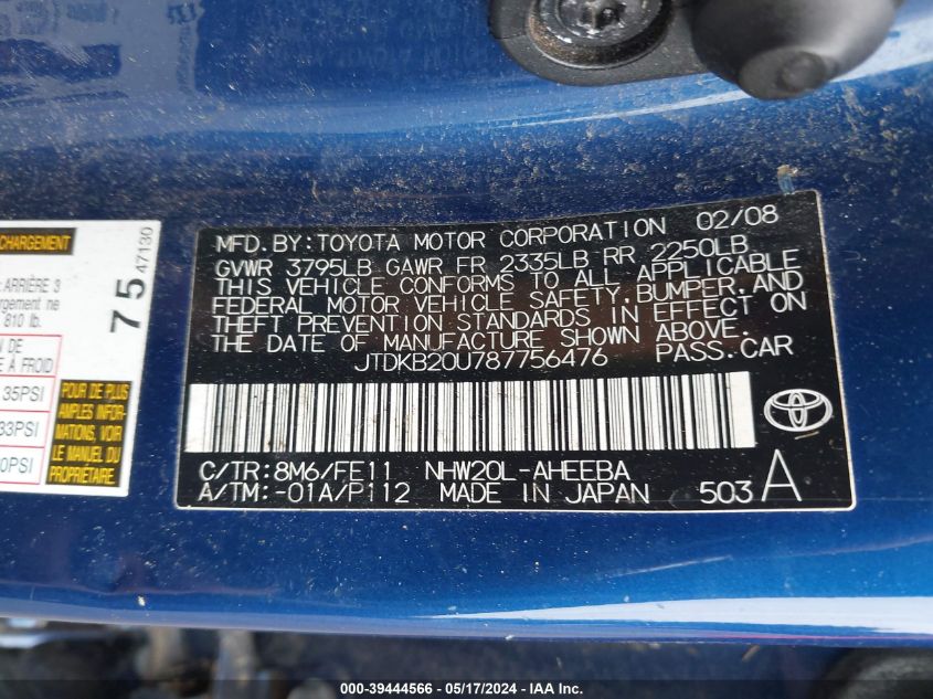 2008 Toyota Prius VIN: JTDKB20U787756476 Lot: 39444566