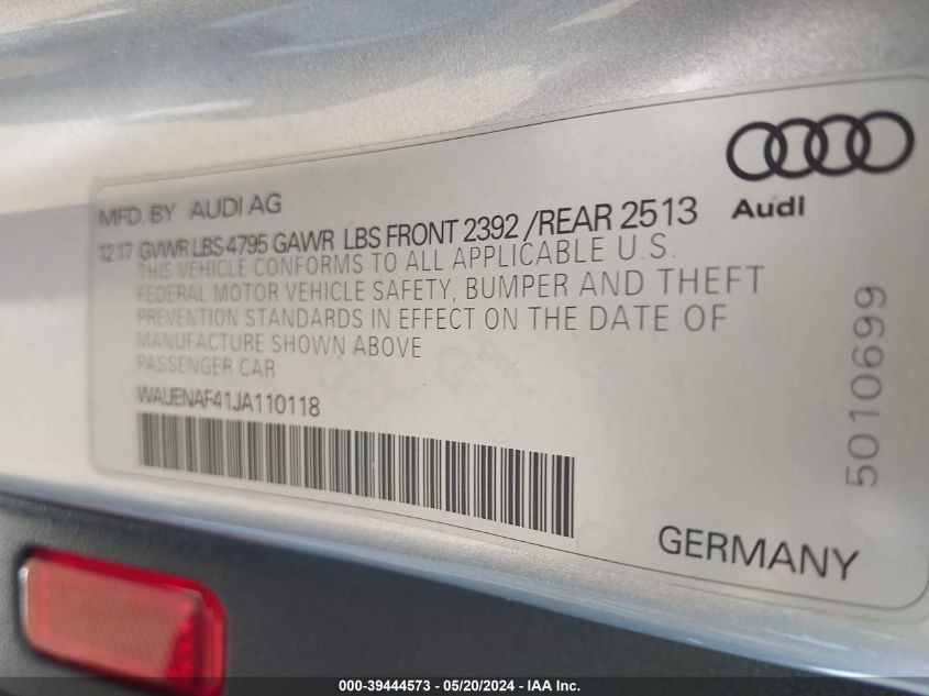 2018 Audi A4 2.0T Premium/2.0T Tech Premium VIN: WAUENAF41JA110118 Lot: 39444573