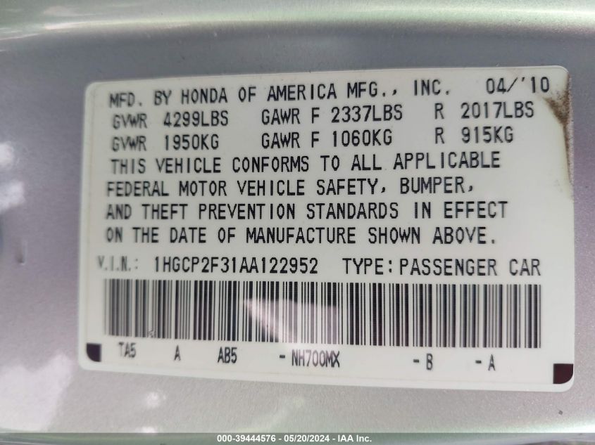 2010 Honda Accord 2.4 Lx VIN: 1HGCP2F31AA122952 Lot: 39444576