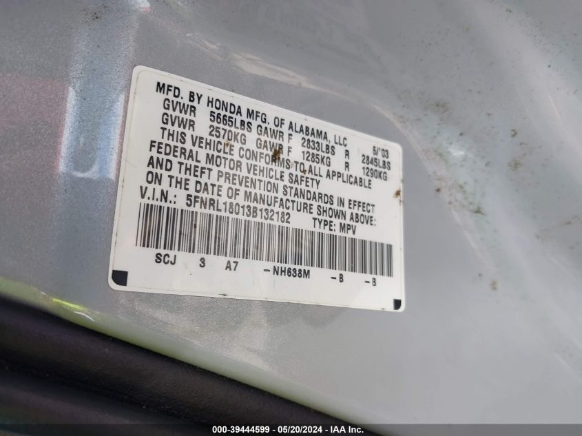 2003 Honda Odyssey Ex-L VIN: 5FNRL18013B132182 Lot: 39444599