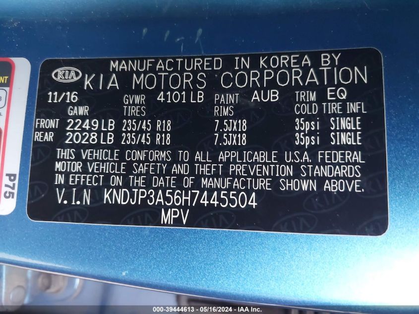 2017 Kia Soul + VIN: KNDJP3A56H7445504 Lot: 39444613