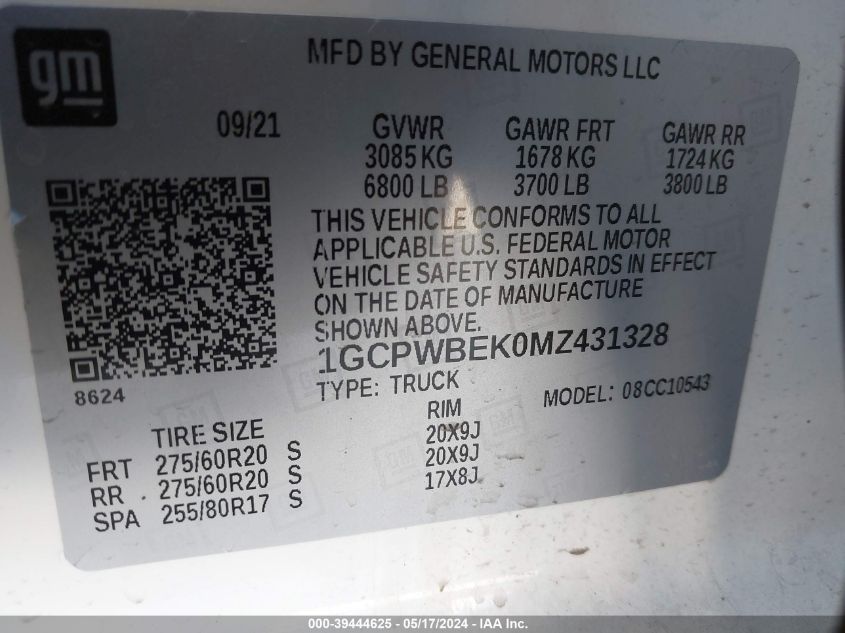 2021 Chevrolet Silverado 1500 2Wd Short Bed Custom VIN: 1GCPWBEK0MZ431328 Lot: 39444625