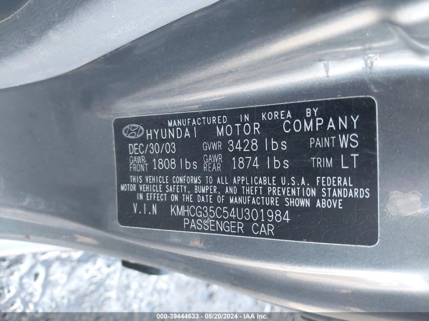 2004 Hyundai Accent Gl/Gt VIN: KMHCG35C54U301984 Lot: 39444633