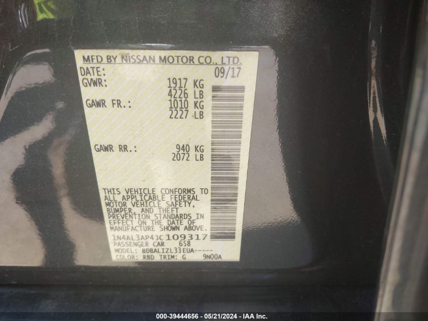 2018 Nissan Altima 2.5 Sv VIN: 1N4AL3AP4JC109317 Lot: 39444656